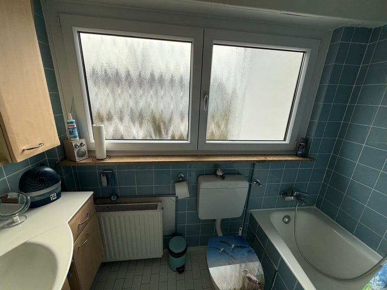 Small bathroom with white toilet, radiator, bathtub, sink, and large window overlooking a forested landscape